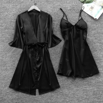 Robes Women Stain Lace Silk Lingerie Nightdress Robe Pajamas Bathrobe Sleepwear Set - Black - CK199UUS486