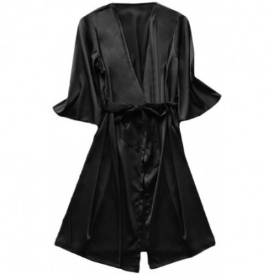 Robes Women Stain Lace Silk Lingerie Nightdress Robe Pajamas Bathrobe Sleepwear Set - Black - CK199UUS486