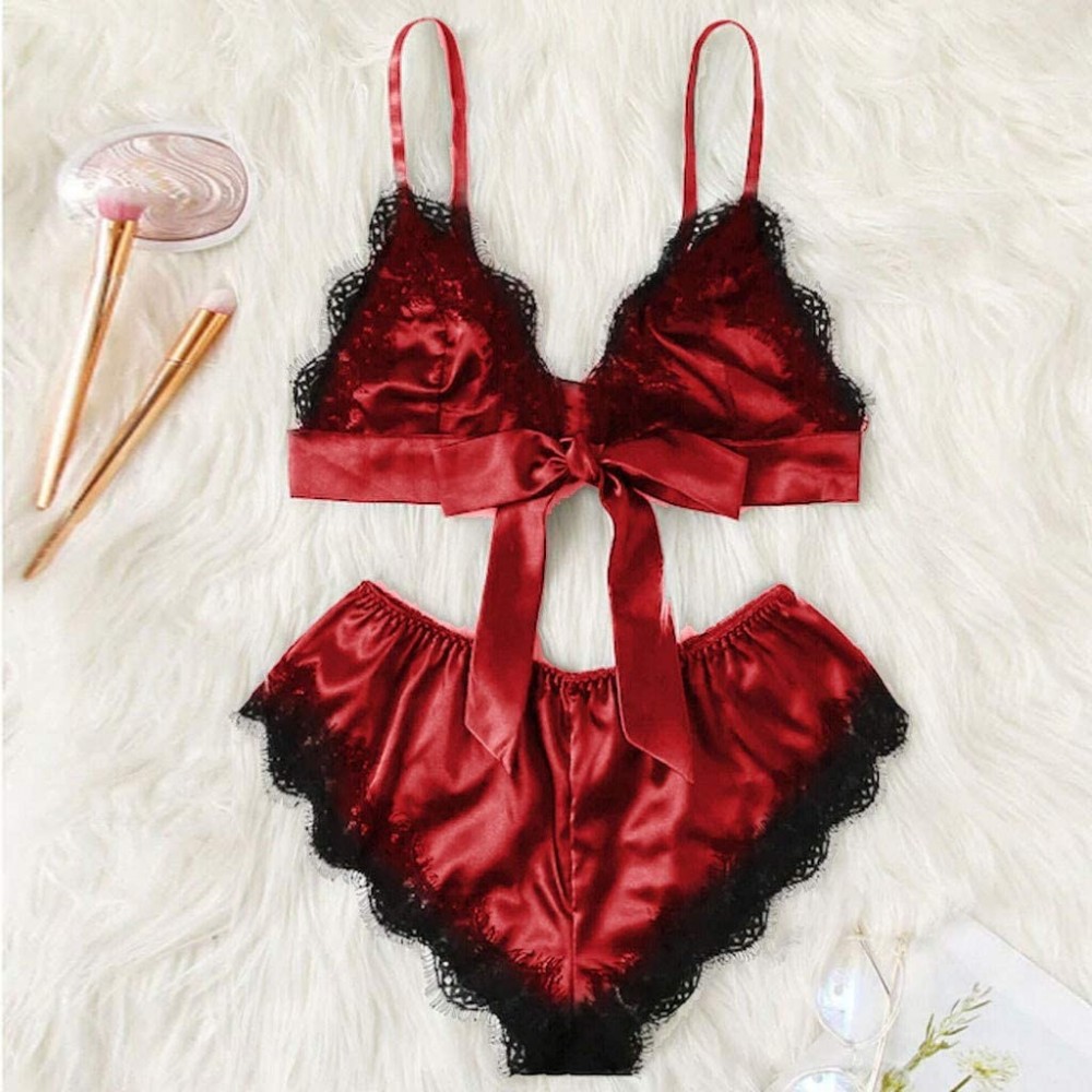 Baby Dolls & Chemises Women Sexy Lingerie Satin Sleepwear Lace Bra and Panty Set 2 Piece Babydoll Bodysuit - Red - C518SD7TIT4