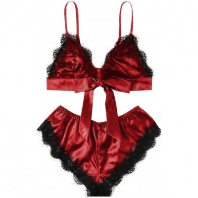 Baby Dolls & Chemises Women Sexy Lingerie Satin Sleepwear Lace Bra and Panty Set 2 Piece Babydoll Bodysuit - Red - C518SD7TIT4