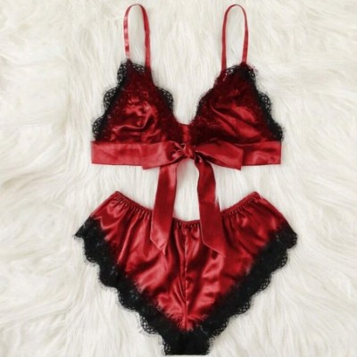 Baby Dolls & Chemises Women Sexy Lingerie Satin Sleepwear Lace Bra and Panty Set 2 Piece Babydoll Bodysuit - Red - C518SD7TIT4