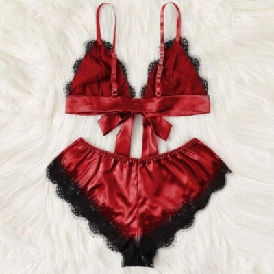 Baby Dolls & Chemises Women Sexy Lingerie Satin Sleepwear Lace Bra and Panty Set 2 Piece Babydoll Bodysuit - Red - C518SD7TIT4