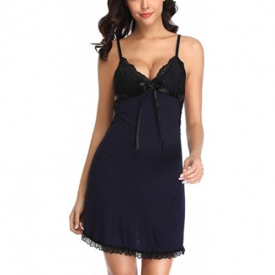 Nightgowns & Sleepshirts Women's Lace Camisole Nightgown Modal Lingerie Chemise Soft Full Slips Sleep Dress - Navy - CB18Z56NZRC