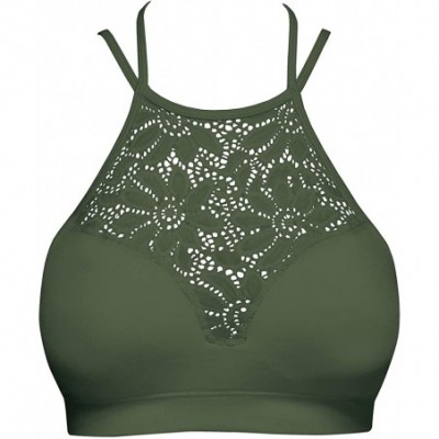 Bras Lace Halter Neck Padded Bralette - Floral Lace Seamless Bra - 042_armygreen - CT18RO2SMOM