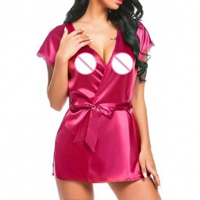 Garters & Garter Belts Women's Satin Nightdress Lingerie- Silk Lace Nightgown Sleepwear Sexy Night Gowns - Hot Pink - CY18Q6O...