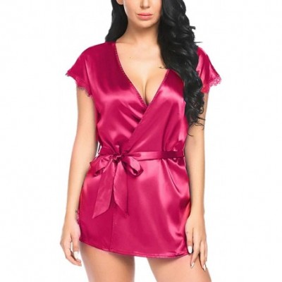 Garters & Garter Belts Women's Satin Nightdress Lingerie- Silk Lace Nightgown Sleepwear Sexy Night Gowns - Hot Pink - CY18Q6O...