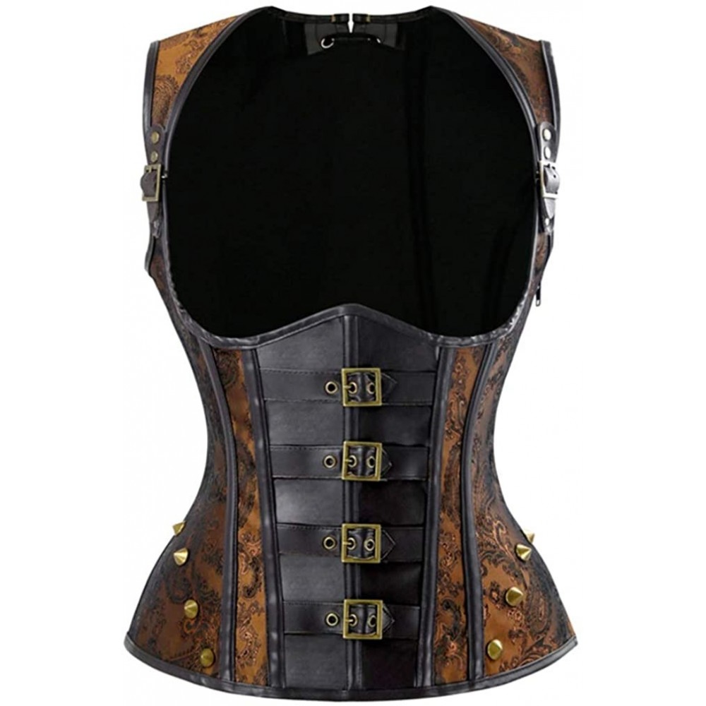 Bustiers & Corsets Women's Punk Bustier Rock Faux Leather Buckle-up Corset Basque - Brown - CZ18LUZTC8D