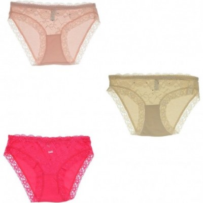 Panties Women's Comfort Cotton Fit Lace Trim Bikini Panties Underwear- 3 Pair - Beige- Red- Pink - CS18G335ZGA