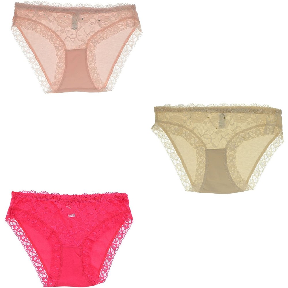 Panties Women's Comfort Cotton Fit Lace Trim Bikini Panties Underwear- 3 Pair - Beige- Red- Pink - CS18G335ZGA