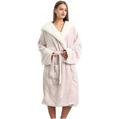 Robes Thicken Warm Kimono Robe Loose Long Nightgown Fleece Shawl Collar-Women Flannel Hooded Bathrobe - Pink - C1198DHAQTK