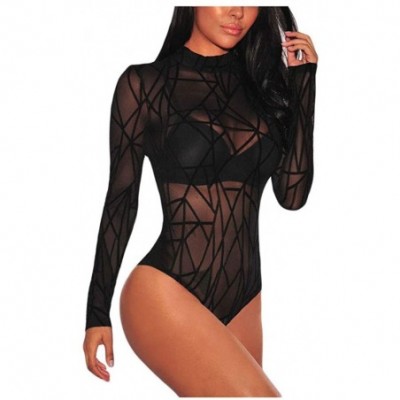 Shapewear Women Black Sheer Mesh Geometric Velvet Bodysuit Long Sleeve Clubwear Sexy Teddy Lingerie One Piece Bodysuit - Blac...