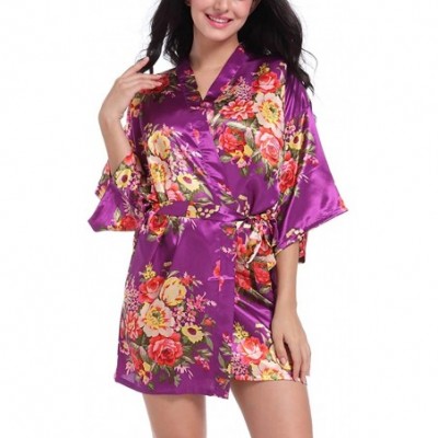 Robes Women Floral Satin Robe Bridal Bridesmaids Dressing Gown Short Sexy Silk Kimono Robe for Wedding Party Sleepwear Plum -...