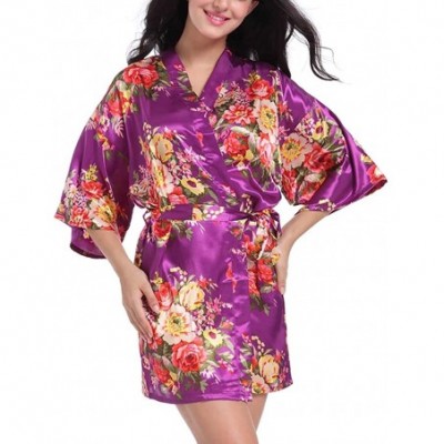 Robes Women Floral Satin Robe Bridal Bridesmaids Dressing Gown Short Sexy Silk Kimono Robe for Wedding Party Sleepwear Plum -...