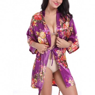 Robes Women Floral Satin Robe Bridal Bridesmaids Dressing Gown Short Sexy Silk Kimono Robe for Wedding Party Sleepwear Plum -...