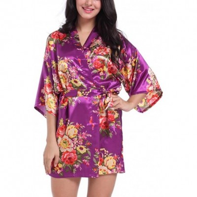 Robes Women Floral Satin Robe Bridal Bridesmaids Dressing Gown Short Sexy Silk Kimono Robe for Wedding Party Sleepwear Plum -...