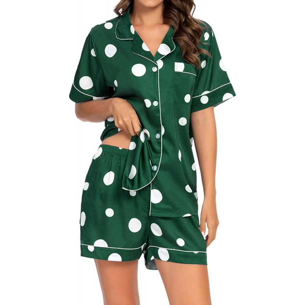 Sets Womens Silk Satin Pajama Sets Womens Two Piece Sleepwear Button Down Short Sleeve and Short Nightwear Pj Sets A_green2 -...