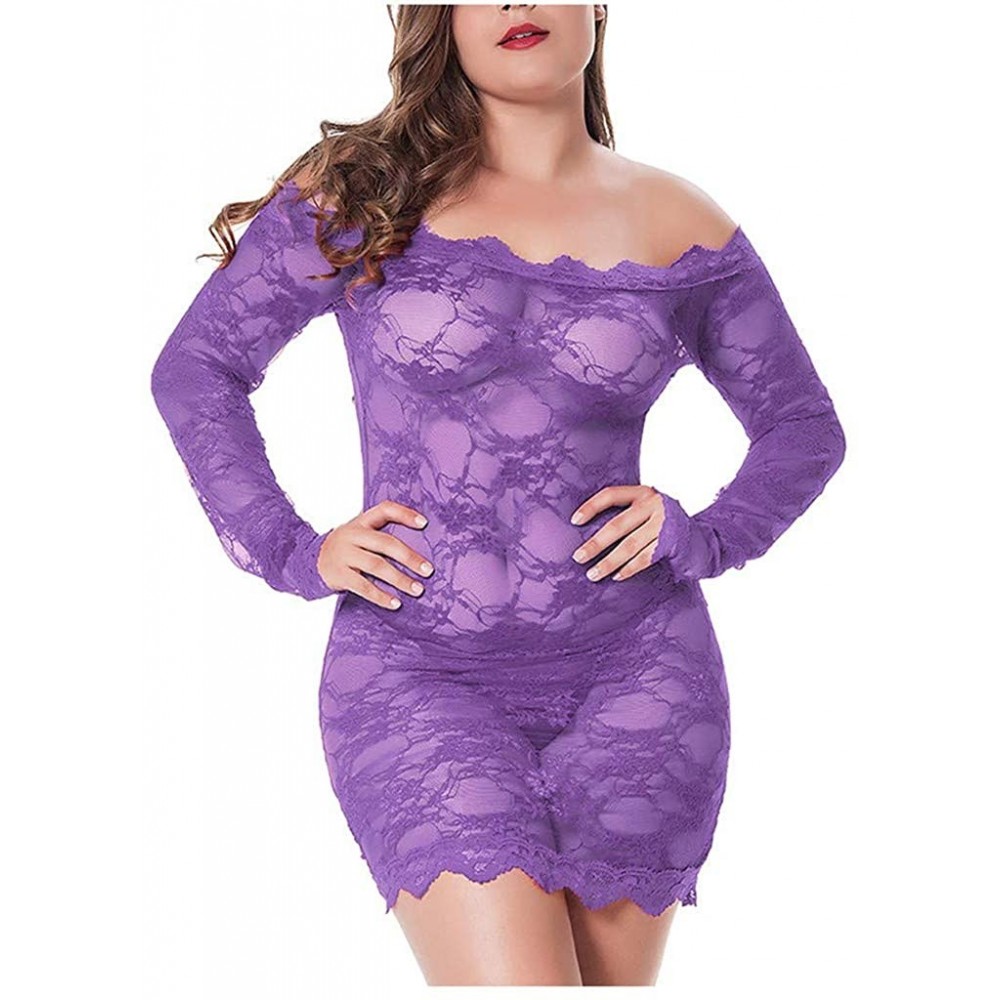 Bustiers & Corsets New Womens Plus Size Sexy Lingerie Lace Badydoll Off Shoulder Sleepwear Pajamas - Purple - CH190LGG5R2