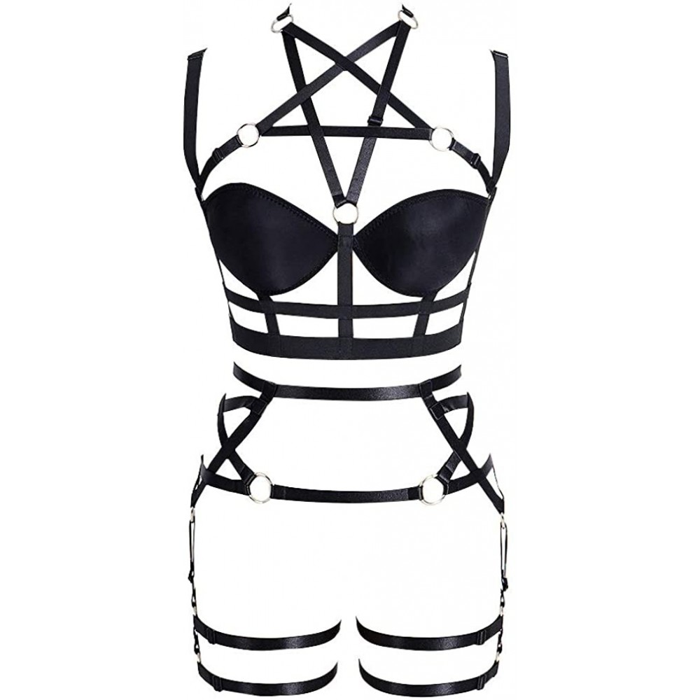 Garters & Garter Belts Women's Punk Gothic Garter Lingerie Set Full Body Harness Pentagram Bra cage Elastic Festival Rave Pho...