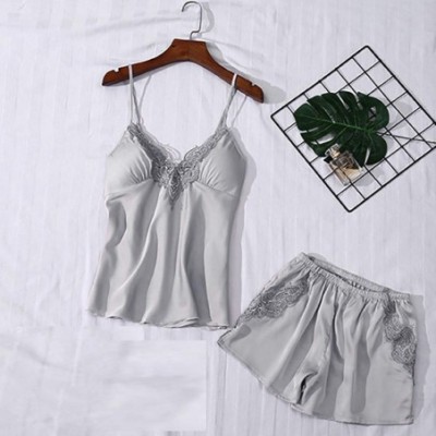 Sets Women Underwear Women V-Neck Eyelash Silk Lace Sexy Stain Camisole Pajamas Bowknot Shorts Set Sexy Simulation Silk Deep ...