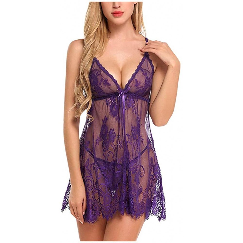 Sets Chemise Lingerie for Women Nightwear Lace Babydoll Strap Halter Lingerie Sheer Mesh Nightdress Nighties - Purple - CL193...