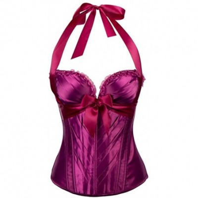 Bustiers & Corsets Womens Burlesque Fashion Satin Halter Boned Zipper Bustier Corset Top - Purple - CD18LQ9H6XY