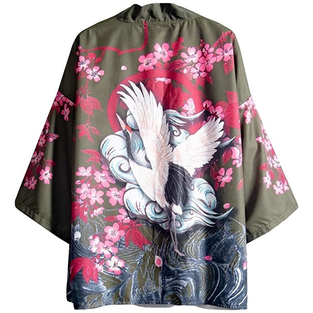 Robes Women Japanese Kimono Cardigan 3/4 Sleeves Loose Kimono Robe Vintage Dragon Yukata Outwear Summer Casual Top Gray - C71...