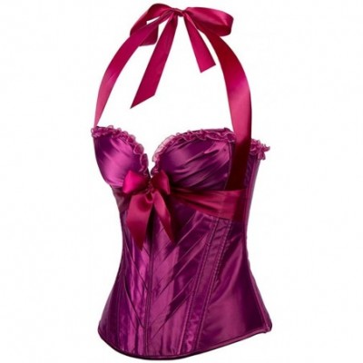 Bustiers & Corsets Womens Burlesque Fashion Satin Halter Boned Zipper Bustier Corset Top - Purple - CD18LQ9H6XY