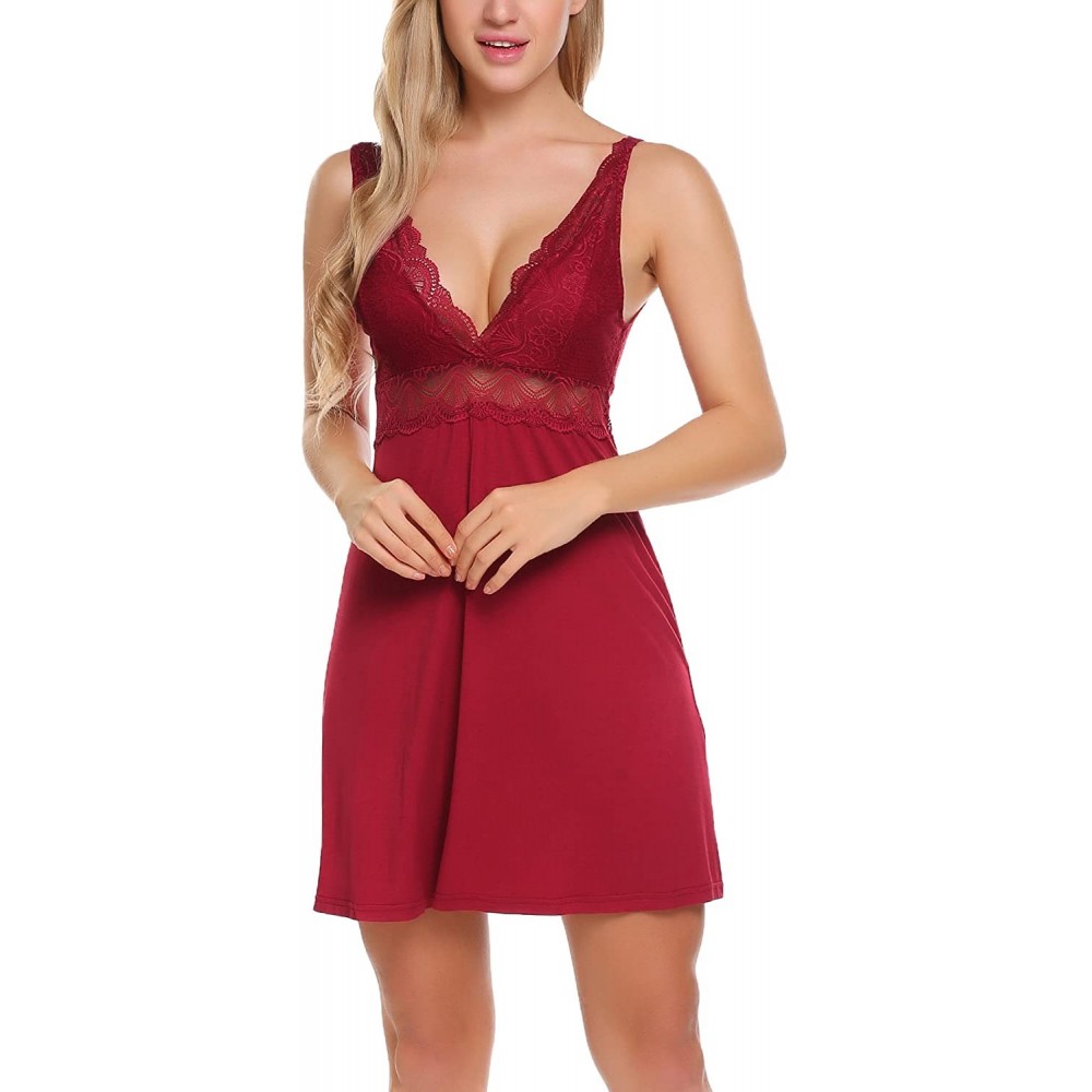 Baby Dolls & Chemises Sexy Nightgown Women's Sleepwear Lace Lingerie Cotton Pajamas Chemise Loungewear S-XXL - 6513_wine Red ...