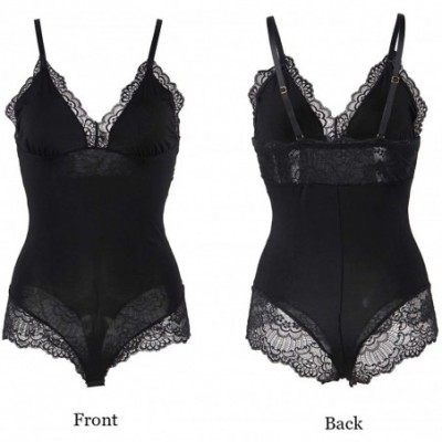 Shapewear Women Floral Lace Sheer Sleeveless High Neck Bodysuit Leotard Clubwear Tops M-5XL - Style 2 Black - CP19DTQOXS2