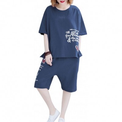 Sets Women's Pajama Sets Outfits Casual Short Sleeve Summer Shorts Pjs Set Sleepwear Tracksuit - Blue - CP19CG9HGNH