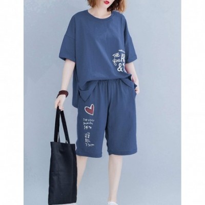 Sets Women's Pajama Sets Outfits Casual Short Sleeve Summer Shorts Pjs Set Sleepwear Tracksuit - Blue - CP19CG9HGNH