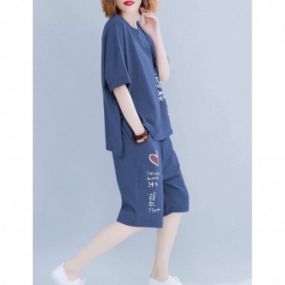 Sets Women's Pajama Sets Outfits Casual Short Sleeve Summer Shorts Pjs Set Sleepwear Tracksuit - Blue - CP19CG9HGNH