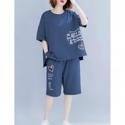 Sets Women's Pajama Sets Outfits Casual Short Sleeve Summer Shorts Pjs Set Sleepwear Tracksuit - Blue - CP19CG9HGNH