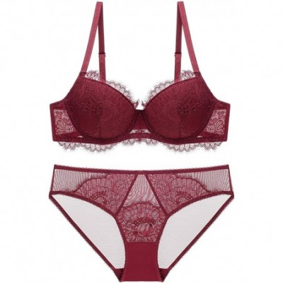 Bras Lace Embroidery Underwire Sexy Bra and Panty Set - Red - CJ18US6C9WM