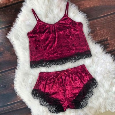 Sets Women Sexy 2Pcs Pajamas Set Satin Silk Sleepwear Lace Trim V Neck Lingerie Shorts Homewear - C-wine - CG194UYE0MK