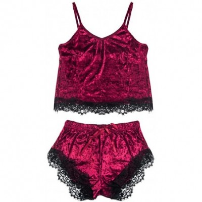 Sets Women Sexy 2Pcs Pajamas Set Satin Silk Sleepwear Lace Trim V Neck Lingerie Shorts Homewear - C-wine - CG194UYE0MK