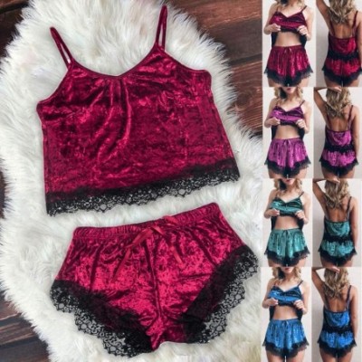 Sets Women Sexy 2Pcs Pajamas Set Satin Silk Sleepwear Lace Trim V Neck Lingerie Shorts Homewear - C-wine - CG194UYE0MK