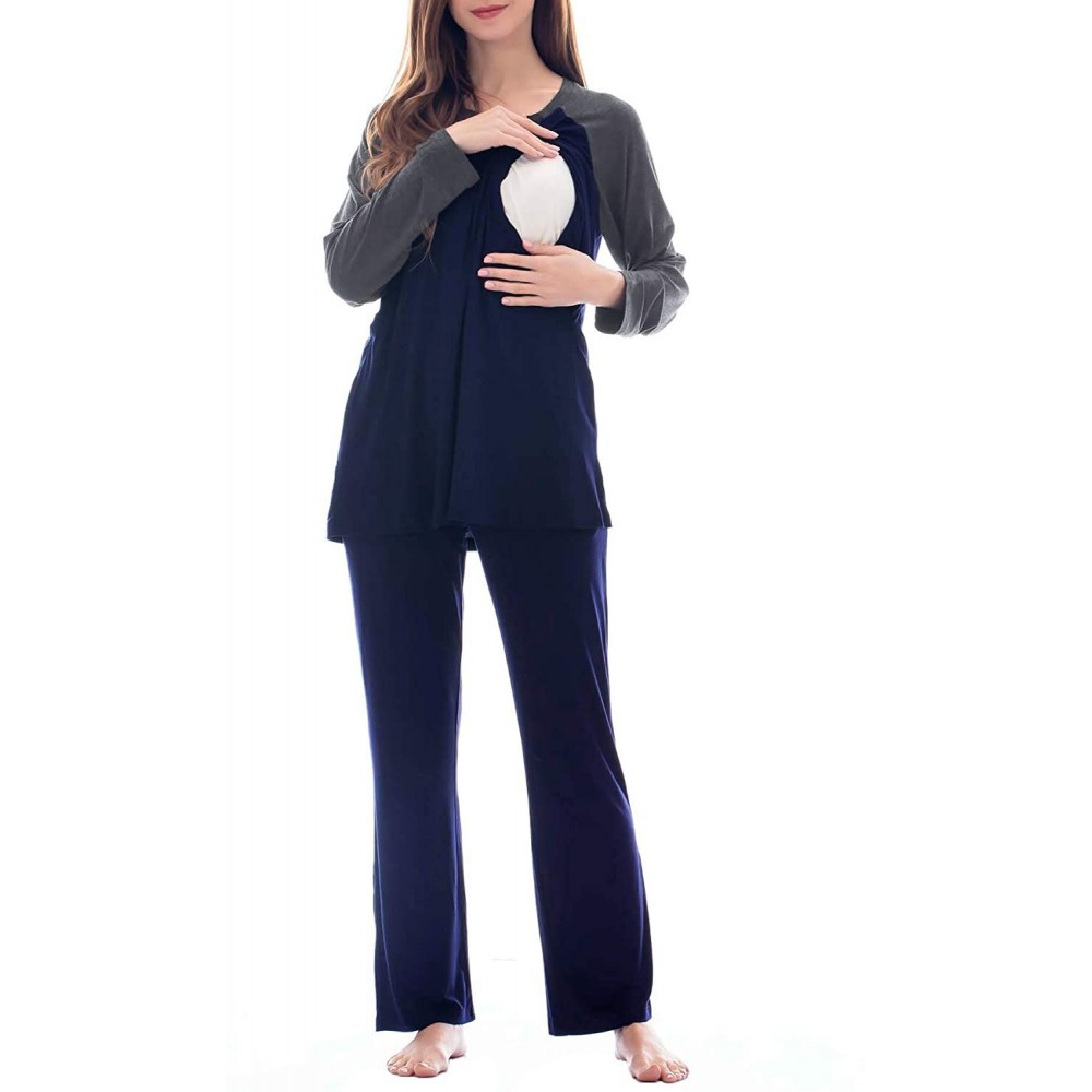 Sets Women's Maternity Nursing Pajamas Set 2 Pcs Breastfeeding Top and Pant Pjs - Navy - CA18LX4C30H