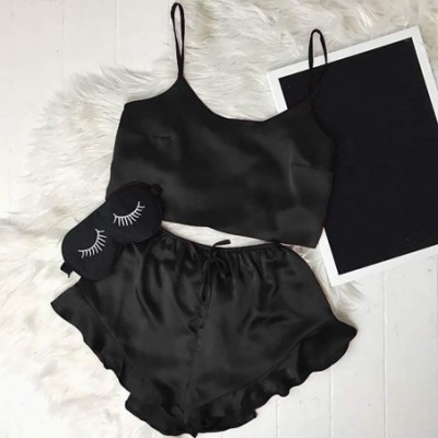 Sets Women Sleepwear Sleeveless Strap Nightwear Lace Trim Satin Cami Top Pajama Sets - 4black!please Check Size Chart in Thir...