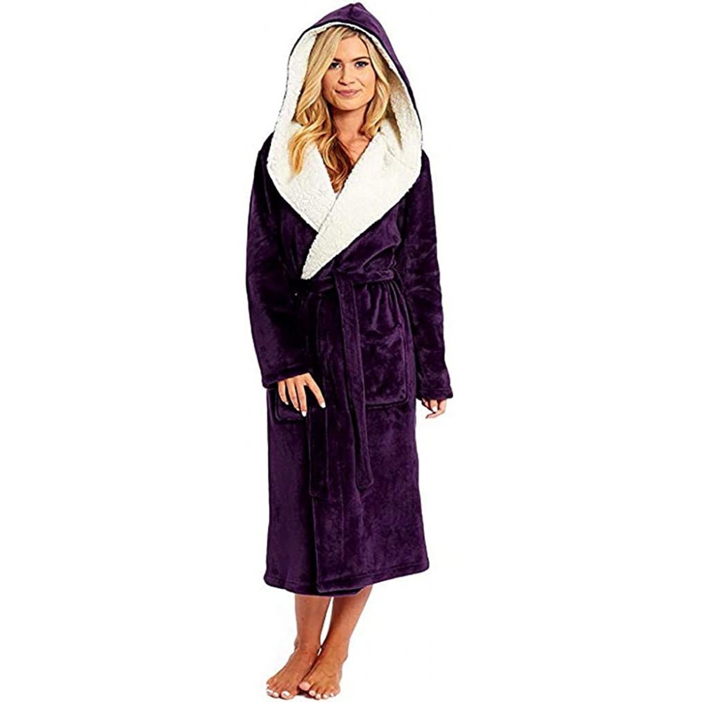 Robes Women Winter Plush Lengthened Shawl Bathrobe Home Clothes Long Sleeve Hooded Robe Coat - A-purple - CP194IZKZQU