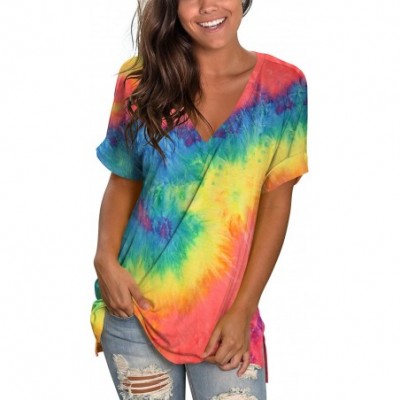 Tops Women's Tshirts Casual V Neck Short Sleeve Loose Summer Tunic Tops - Tie Dye Orange Blue - CH199E742KR