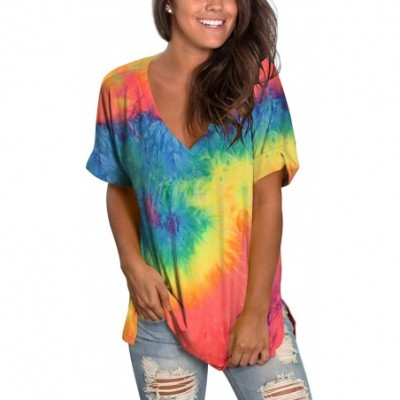 Tops Women's Tshirts Casual V Neck Short Sleeve Loose Summer Tunic Tops - Tie Dye Orange Blue - CH199E742KR