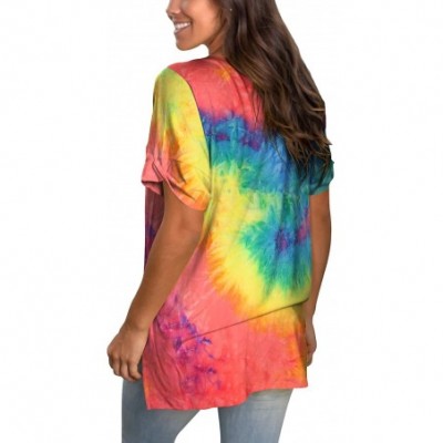 Tops Women's Tshirts Casual V Neck Short Sleeve Loose Summer Tunic Tops - Tie Dye Orange Blue - CH199E742KR