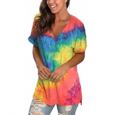 Tops Women's Tshirts Casual V Neck Short Sleeve Loose Summer Tunic Tops - Tie Dye Orange Blue - CH199E742KR