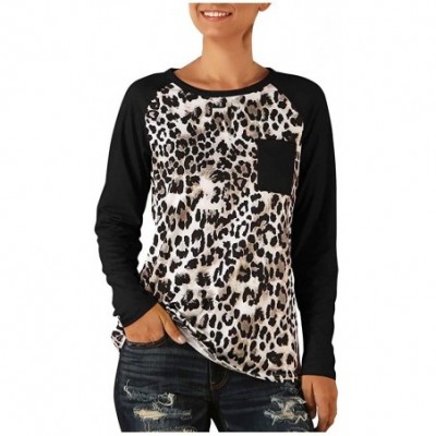 Thermal Underwear Womens Leopard Print Pocket T-Shirt- Splice Long Sleeve Blouse Loose Casual Tops - Black - CY18YR85MAK