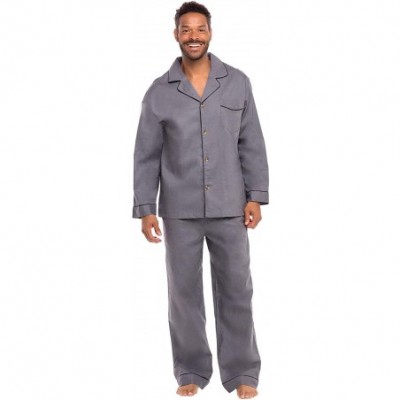 Sleep Sets Men's Lightweight Button Down Pajama Set- Long Cotton Pjs - Steel Gray With Black Piping - CU11CKPHQWZ