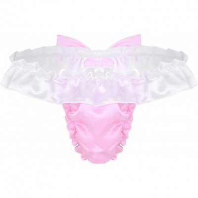 Briefs Mens Crossdress Sissy Lingerie Underwear Satin Ruffled Briefs Girlie Bowknot Flutter Panties - Pink - CY19DA24HL6