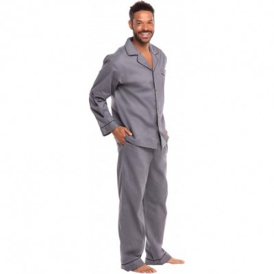 Sleep Sets Men's Lightweight Button Down Pajama Set- Long Cotton Pjs - Steel Gray With Black Piping - CU11CKPHQWZ