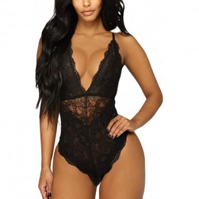 Baby Dolls & Chemises Women Deep V Sexy Lace Bodysuit Snap Crotch Lingerie Teddy Underwear - Black - CE18O7RE3OR