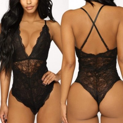 Baby Dolls & Chemises Women Deep V Sexy Lace Bodysuit Snap Crotch Lingerie Teddy Underwear - Black - CE18O7RE3OR